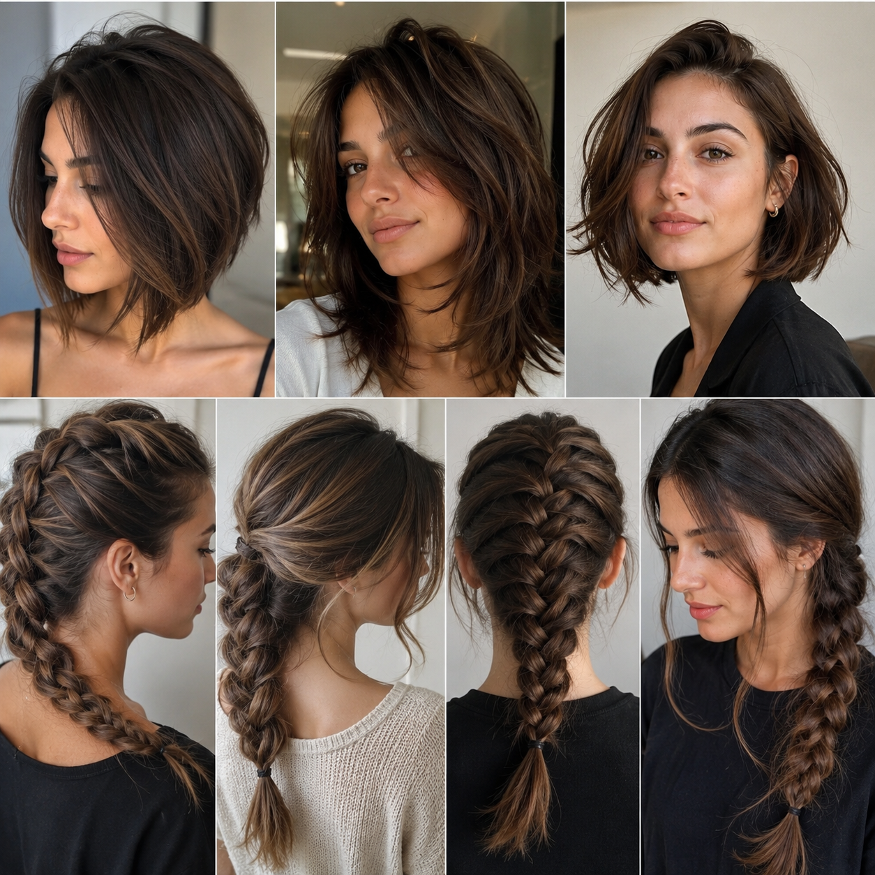 Elegant collage of bob, layered cut, braid hairstyles for ladies