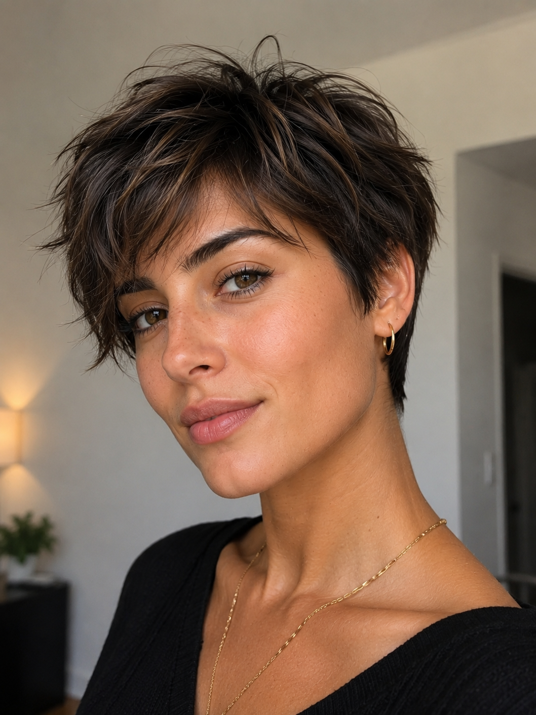 Fashionable short hairstyle for ladies, textured pixie cut with soft layers