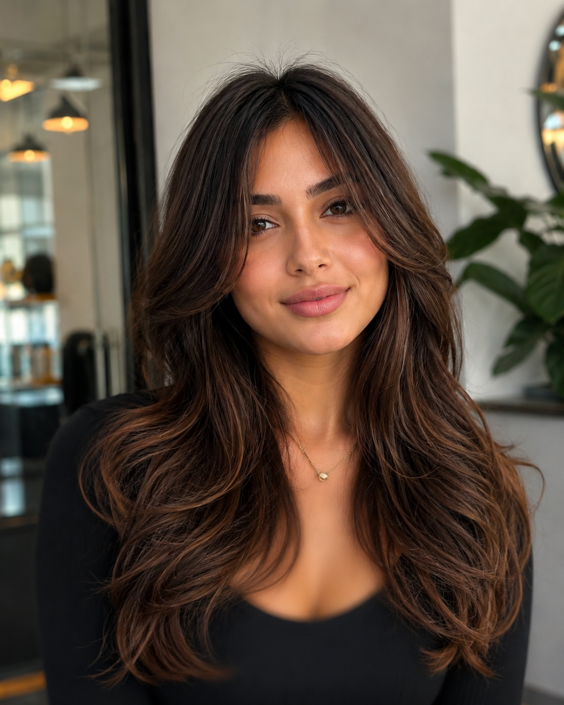 Modern ladies hair style, long layers with face framing pieces and soft waves