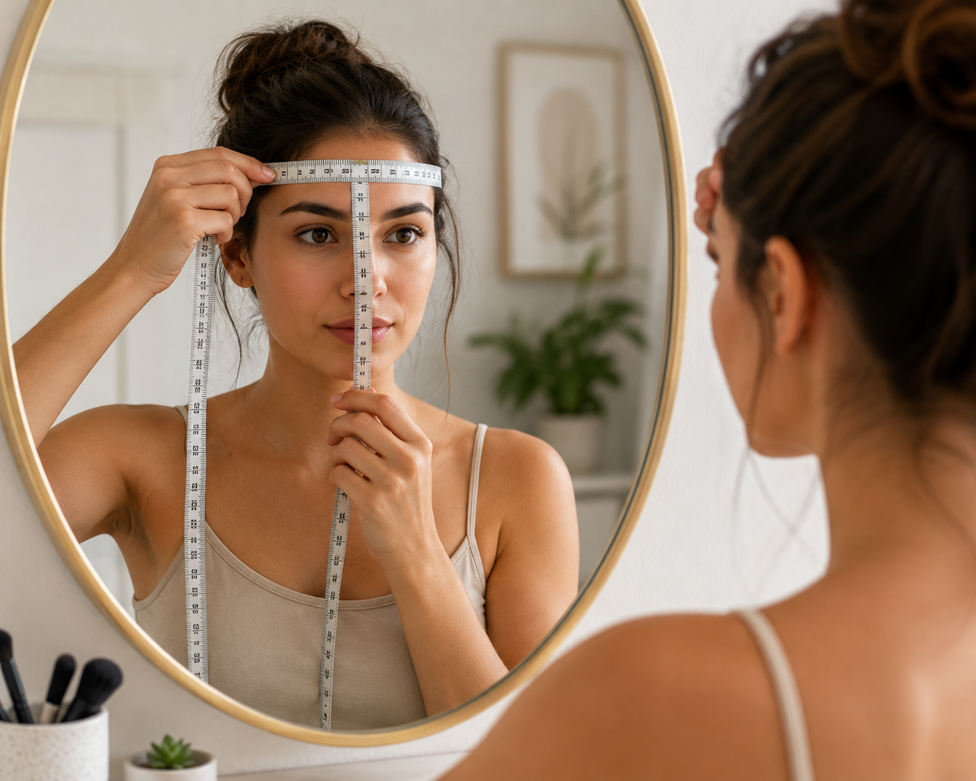 Perfect Hairstyle for Your Face Shape: The Ultimate 2026 Guide Woman measuring her face shape with a tape measure in front of a mirror