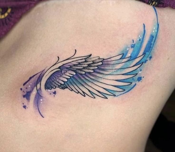 Three small angel wing tattoo style variations, fine line, dotwork, and watercolor tip, side by side