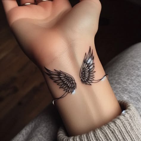 Close-up of a healed wings tattoo on the inner wrist, with linework softening slightly near the wrist crease