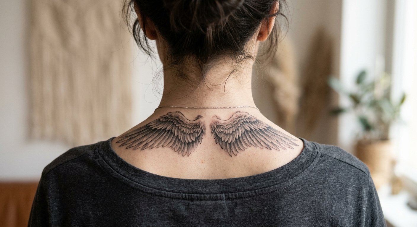 Realistic black and grey angel wings tattoo on the back of the neck for women