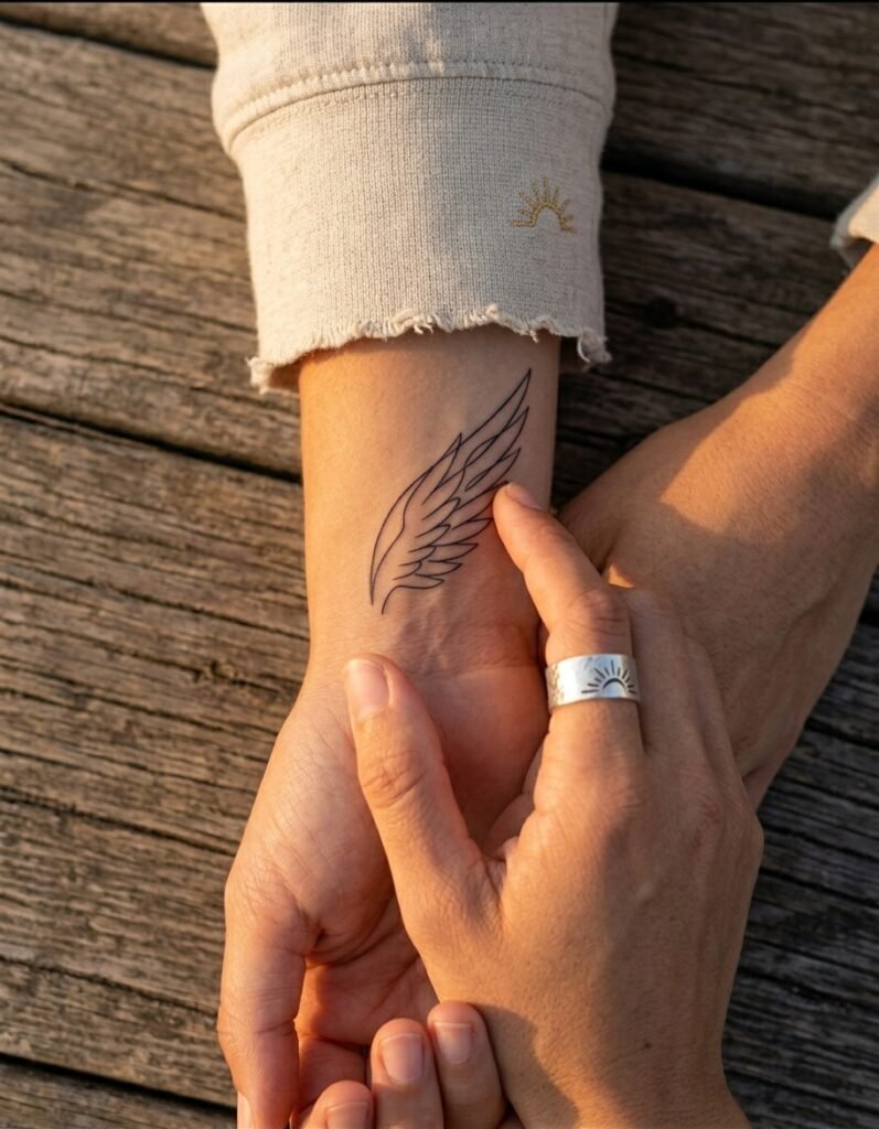 Minimalist single-line wing tattoo, linen cuff, sunburst ring