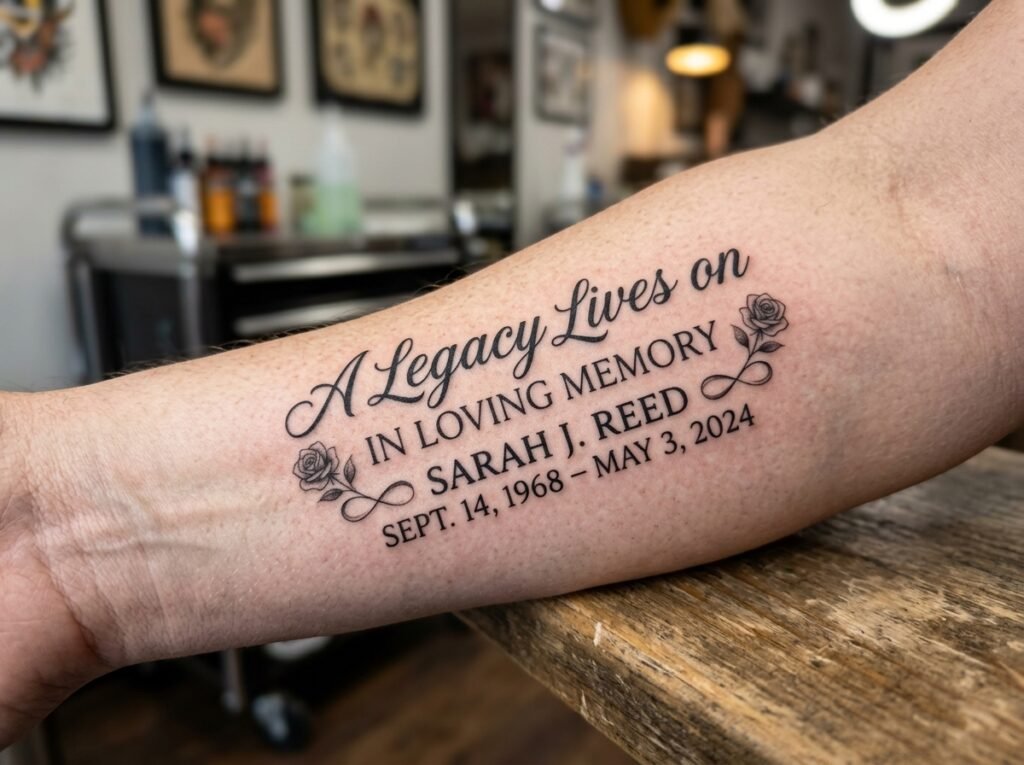 Chicano-style memorial tattoo
