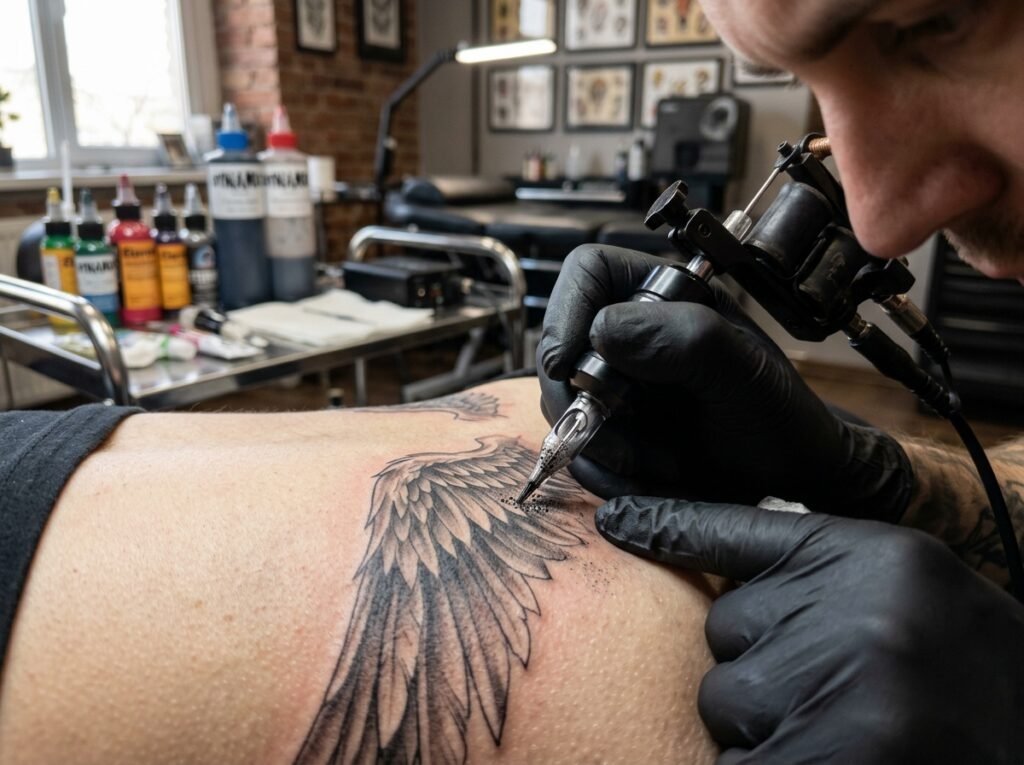 Tattoo artist working on a detailed angel wing design, close-up of needle and feather shading in progress