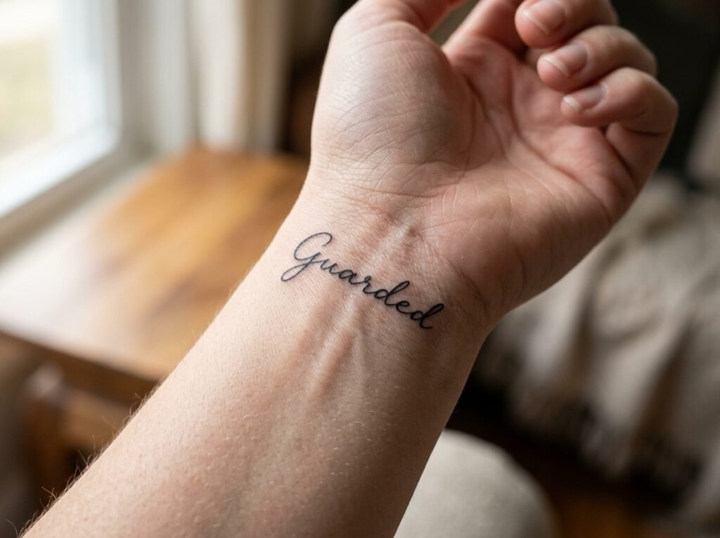 minimalist single-word guardian angel tattoo reading Guarded on inner wrist