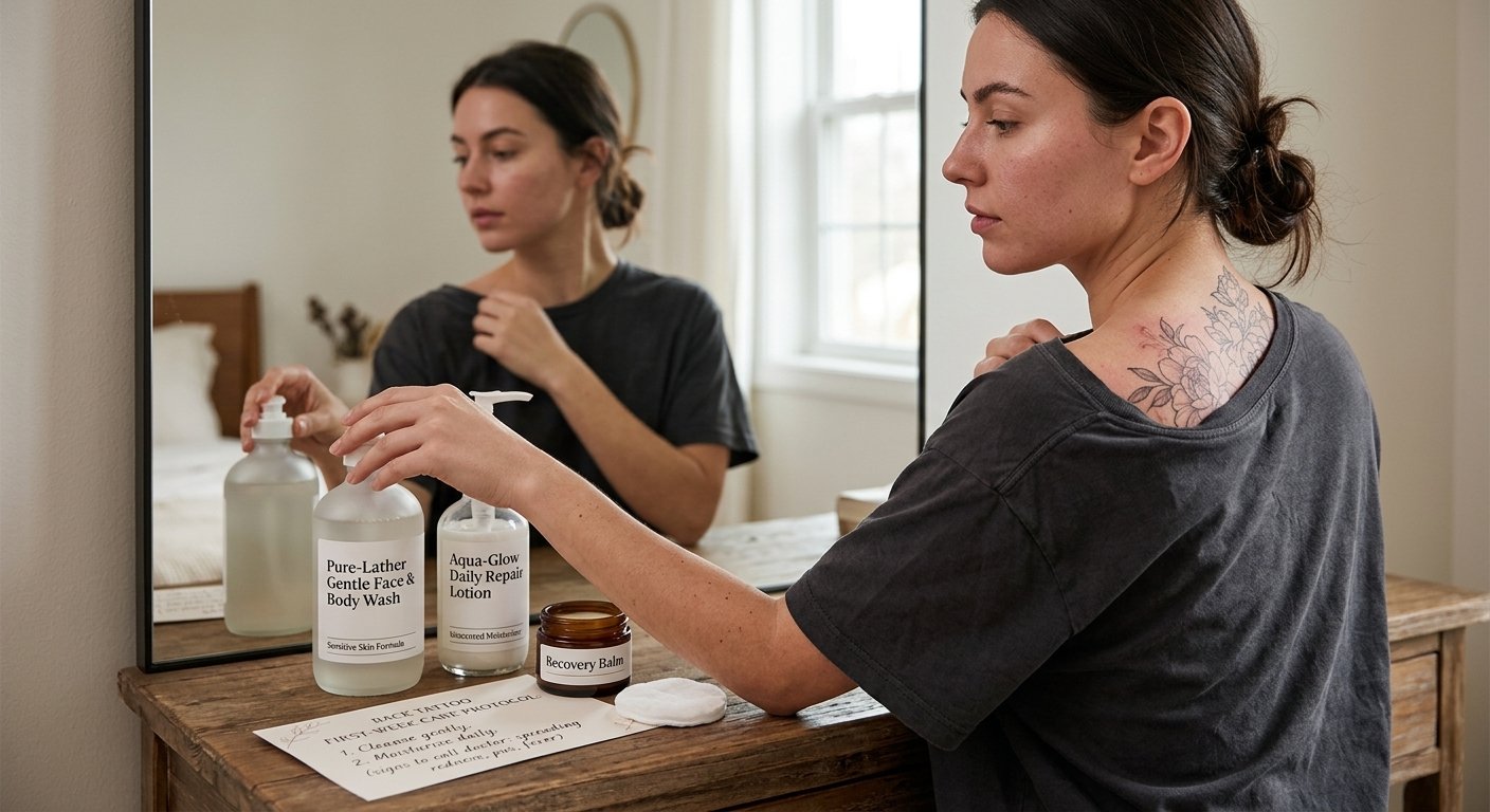 back tattoo aftercare products, moisturizer and gentle cleanser