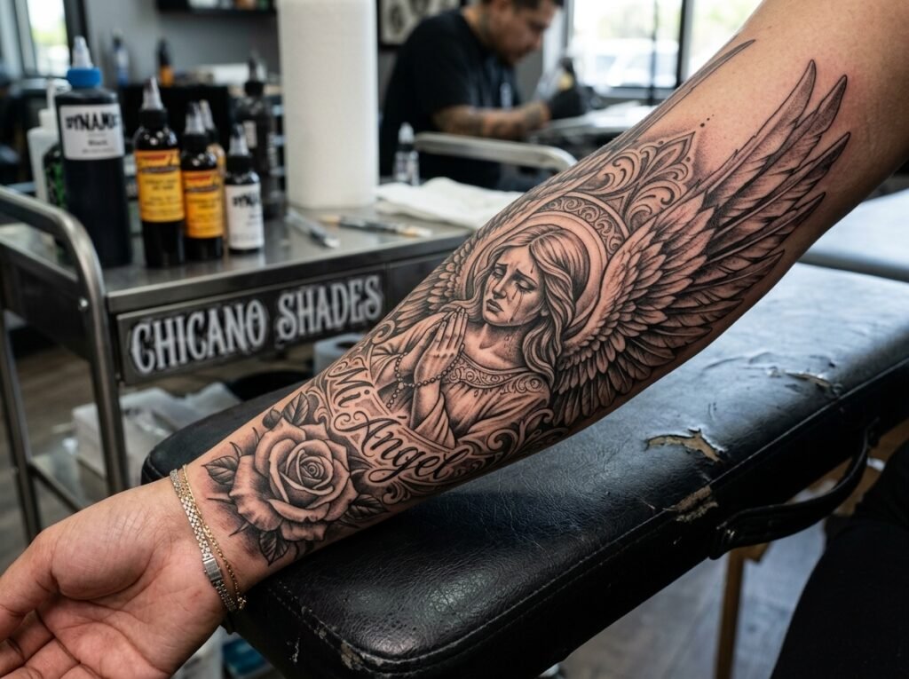 chicano guardian angel tattoo with rose on forearm black and grey