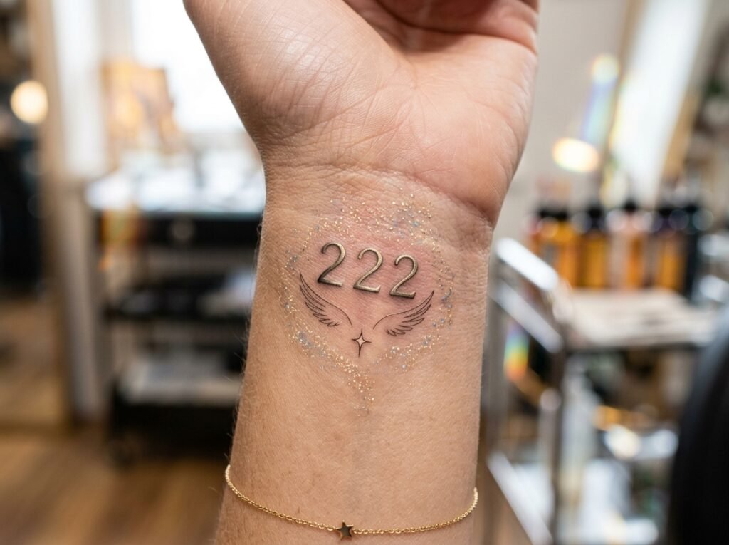 Close-up of fine line 222 numerical tattoo on a human wrist.