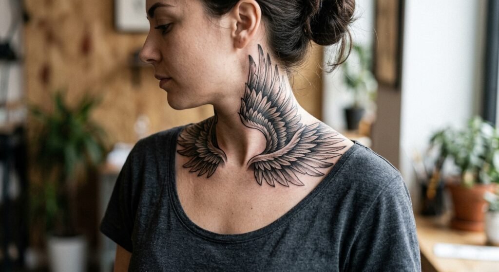 Wrapped collar-style wings tattoo extending from neck to collarbone