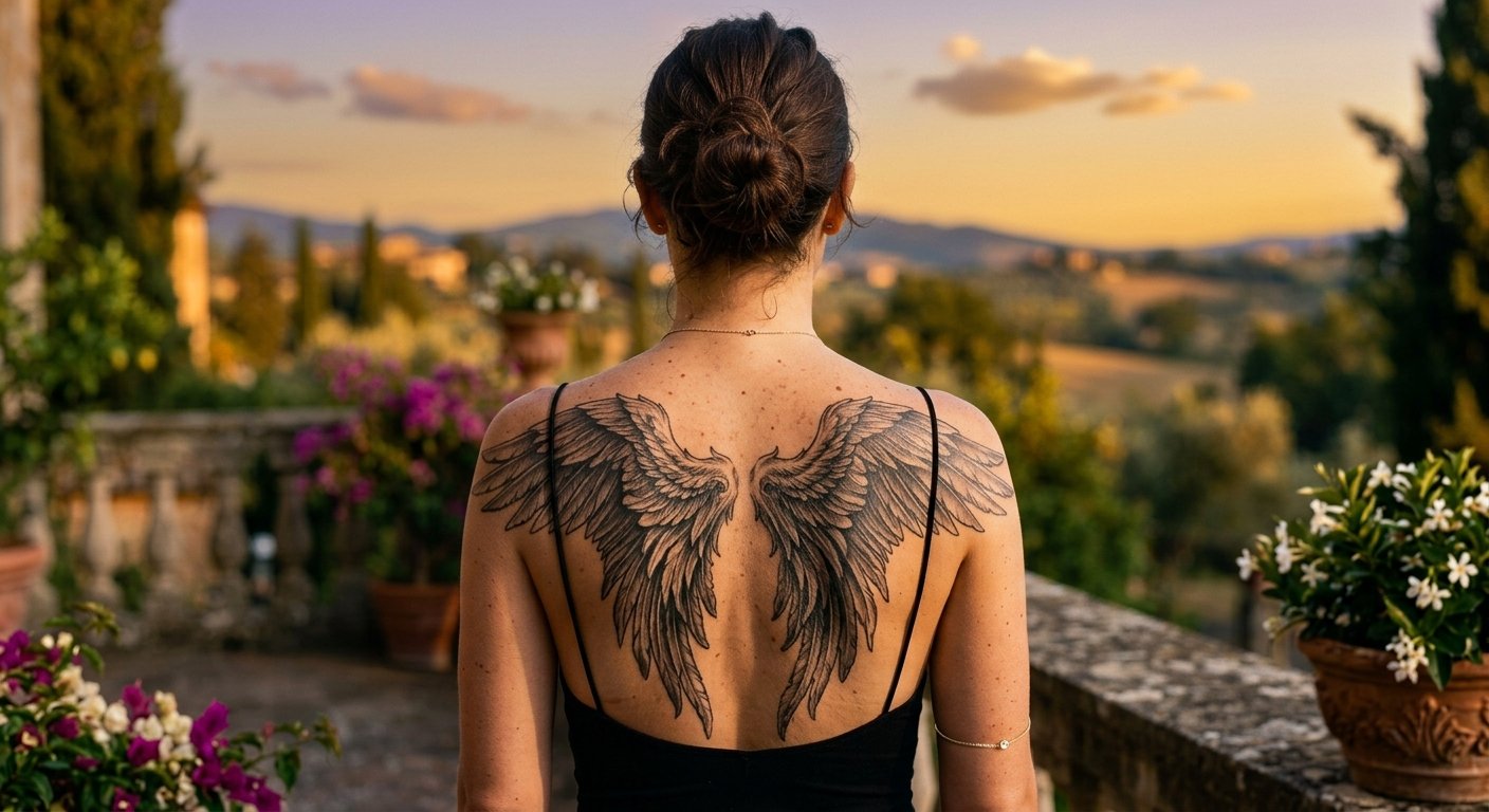 Woman with a realistic black and grey angel wings tattoo across her upper back and shoulder blades