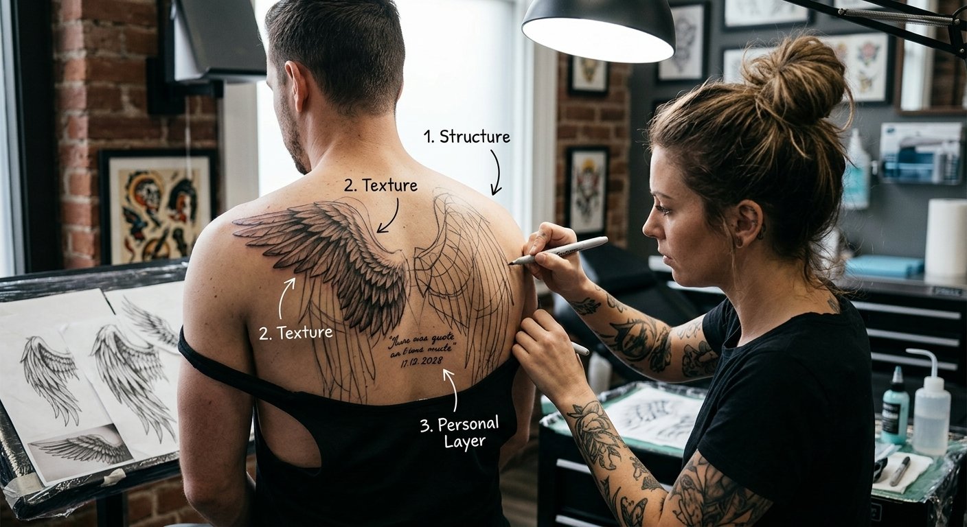 tattoo artist sketching angel wings stencil on client's back