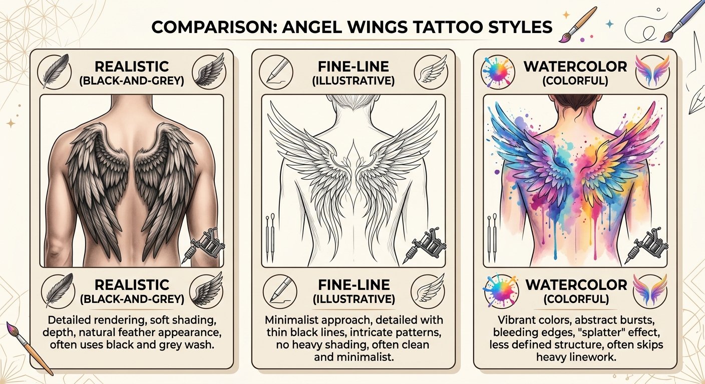 comparison of realistic, fine-line, and watercolor angel wings tattoo styles side by side