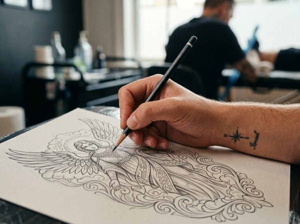 A close-up photograph of a detailed black and grey guardian angel tattoo on a forearm, featuring large wings, praying hands, a halo, and the word "Guardian" at the bottom.