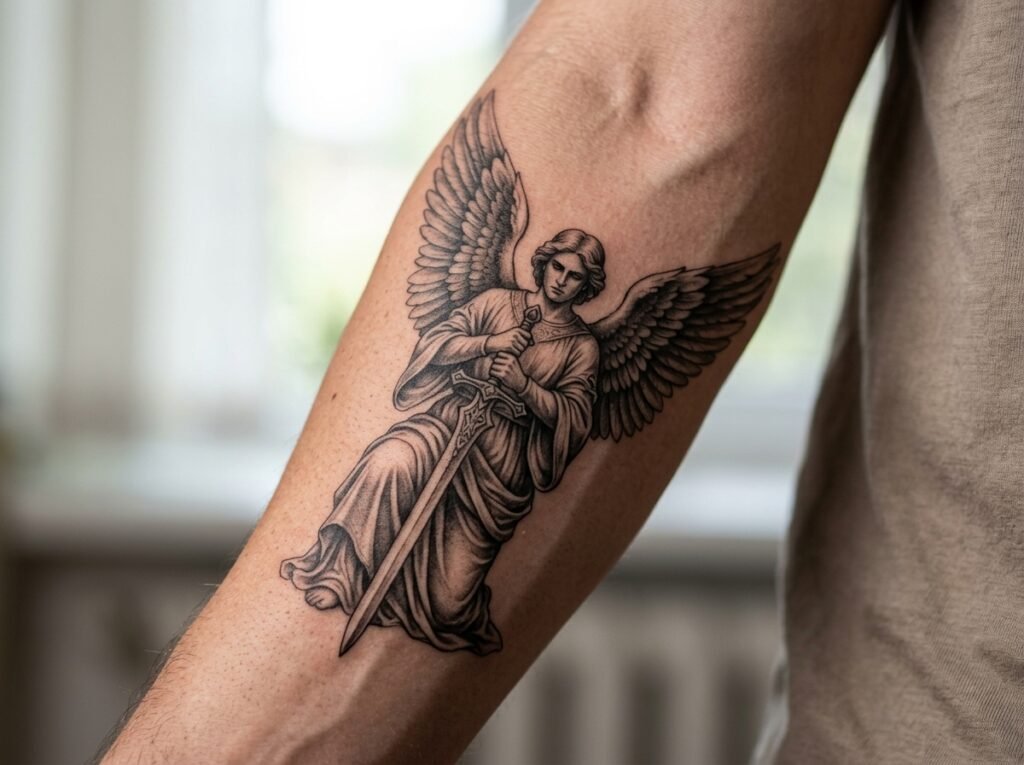 angel holding a sword tattoo outer forearm placement close up