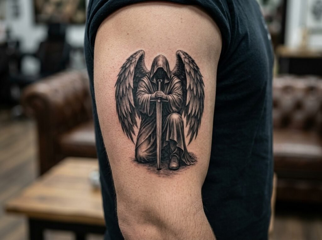 fallen angel holding a broken sword tattoo black and grey forearm
