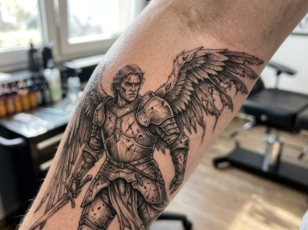 battle-worn warrior angel tattoo with cracked armor and torn wing on forearm