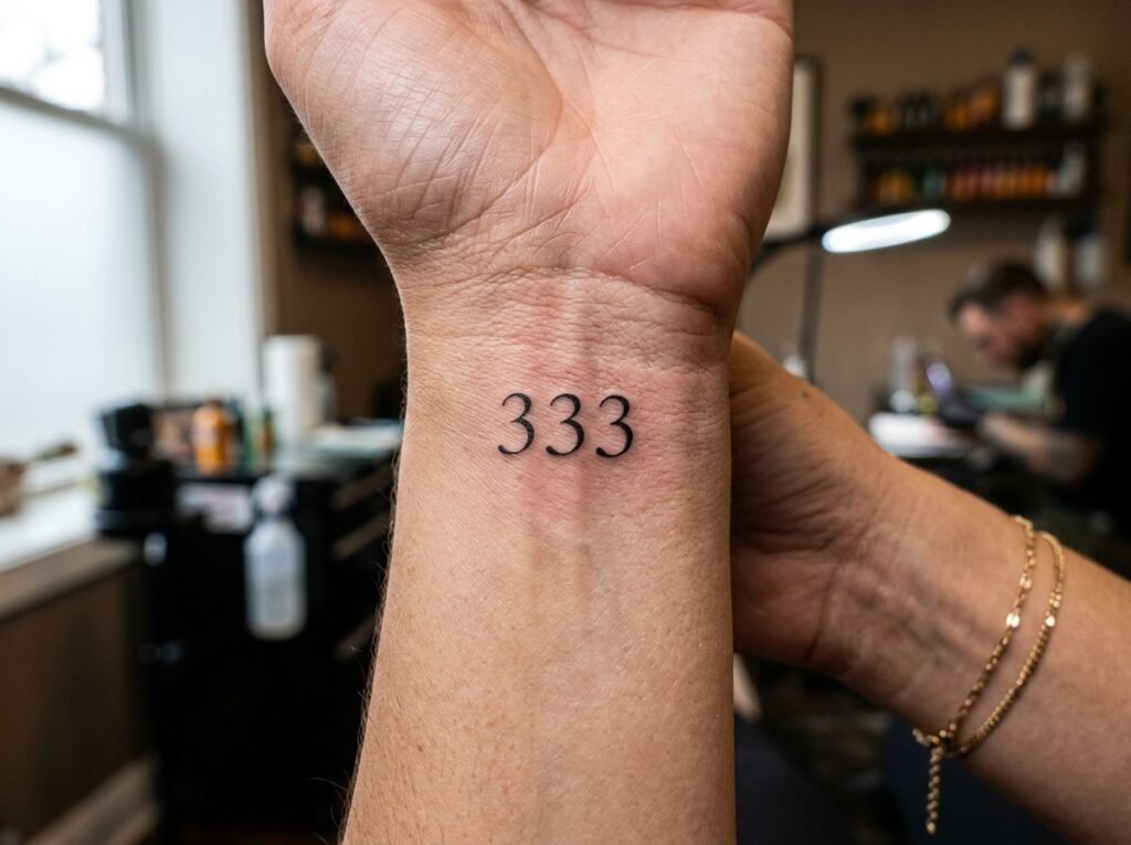 Close-up of small black fine line 333 tattoo on human inner wrist skin.