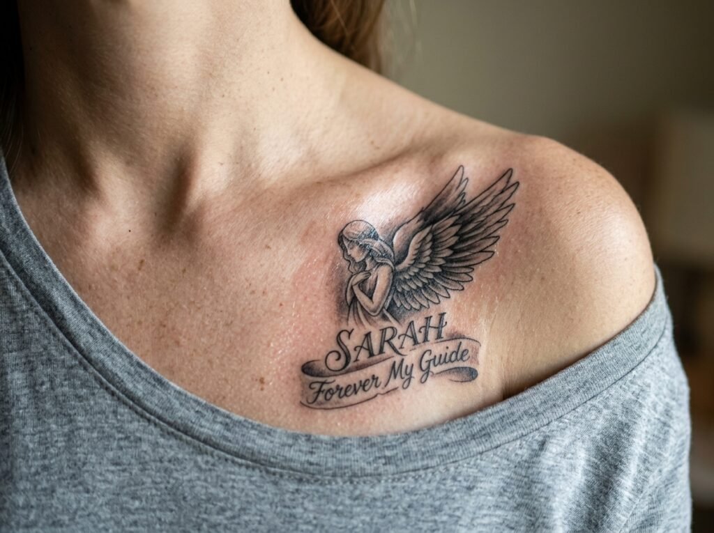 memorial guardian angel tattoo with name and short quote on collarbone