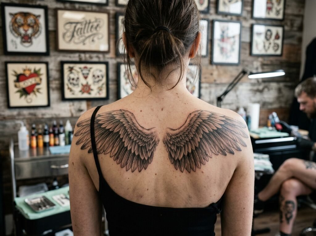 black and grey angel wings tattoo on woman’s back