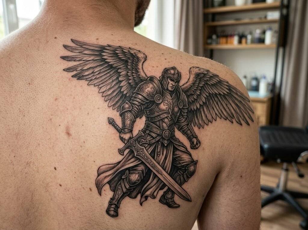 close-up of a black and grey warrior angel tattoo with sword on a shoulder blade