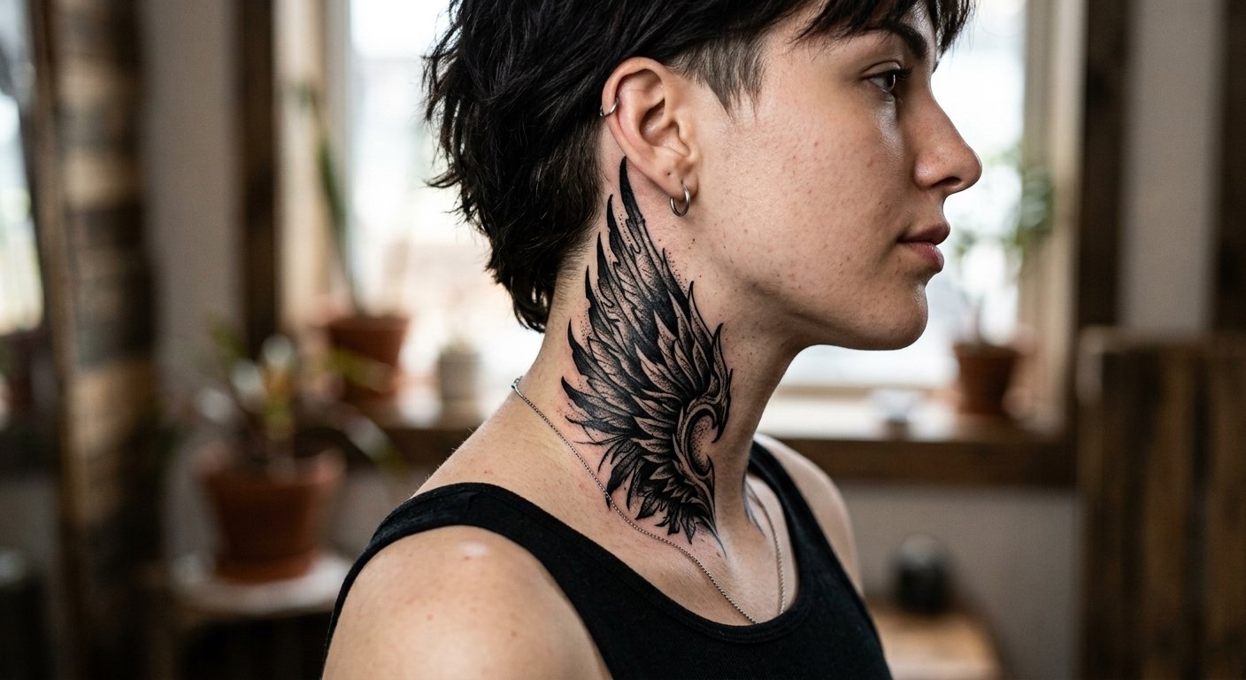 Blackwork fallen angel wings tattoo on the side of the neck