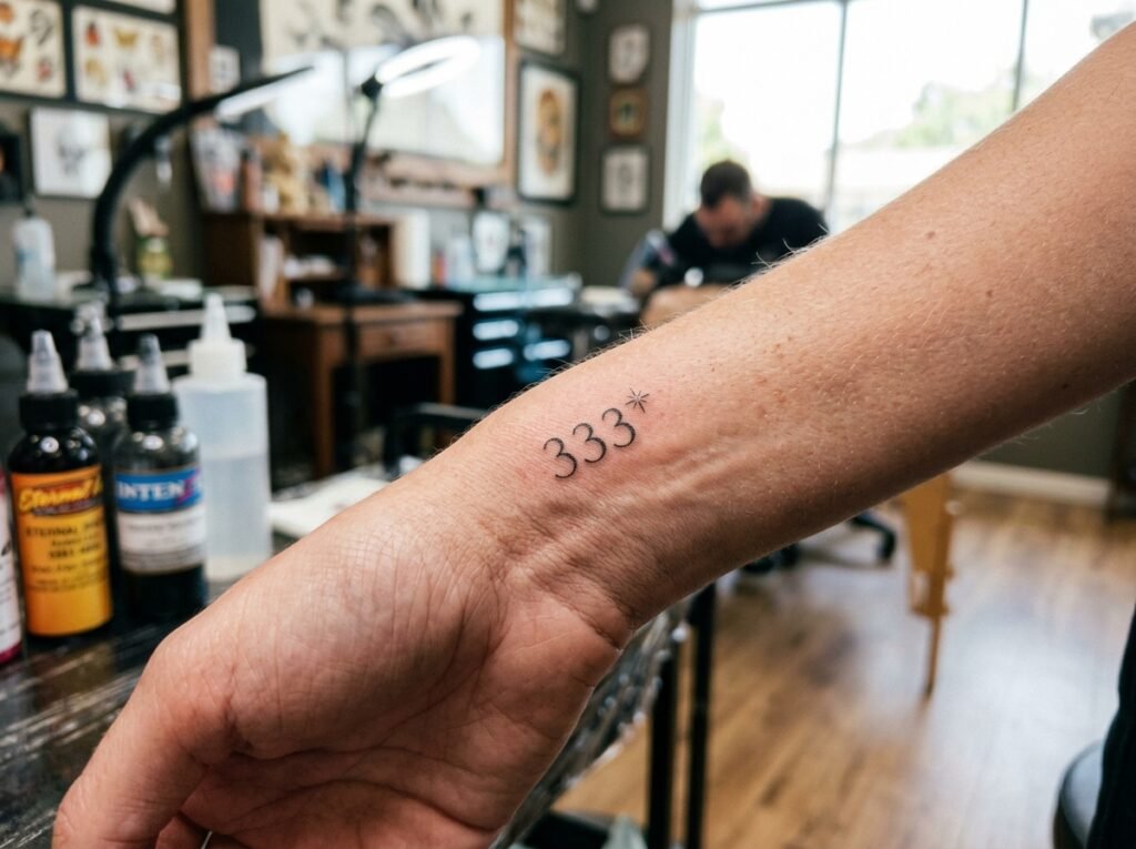 Close-up of minimalist fine line 333 tattoo with small star accent on outer wrist skin.