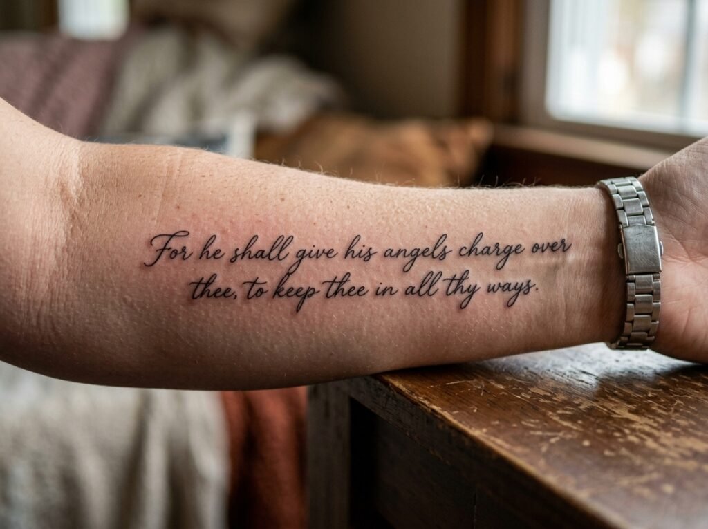 forearm tattoo of Psalm 91:11 in fine script lettering