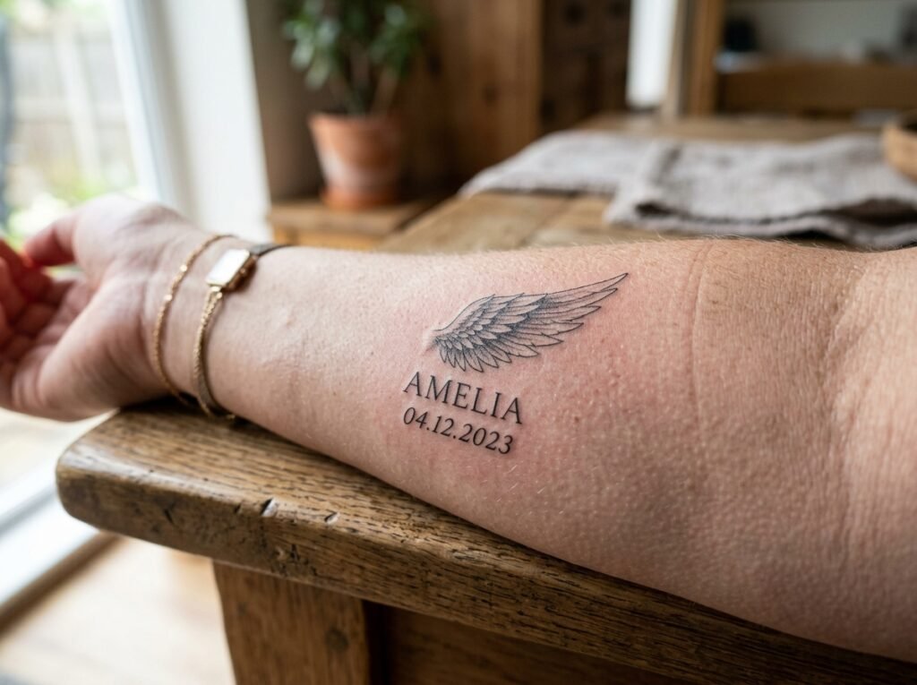 A close-up of a forearm resting on a wooden table, featuring a black ink tattoo of a single angel wing above the name and date