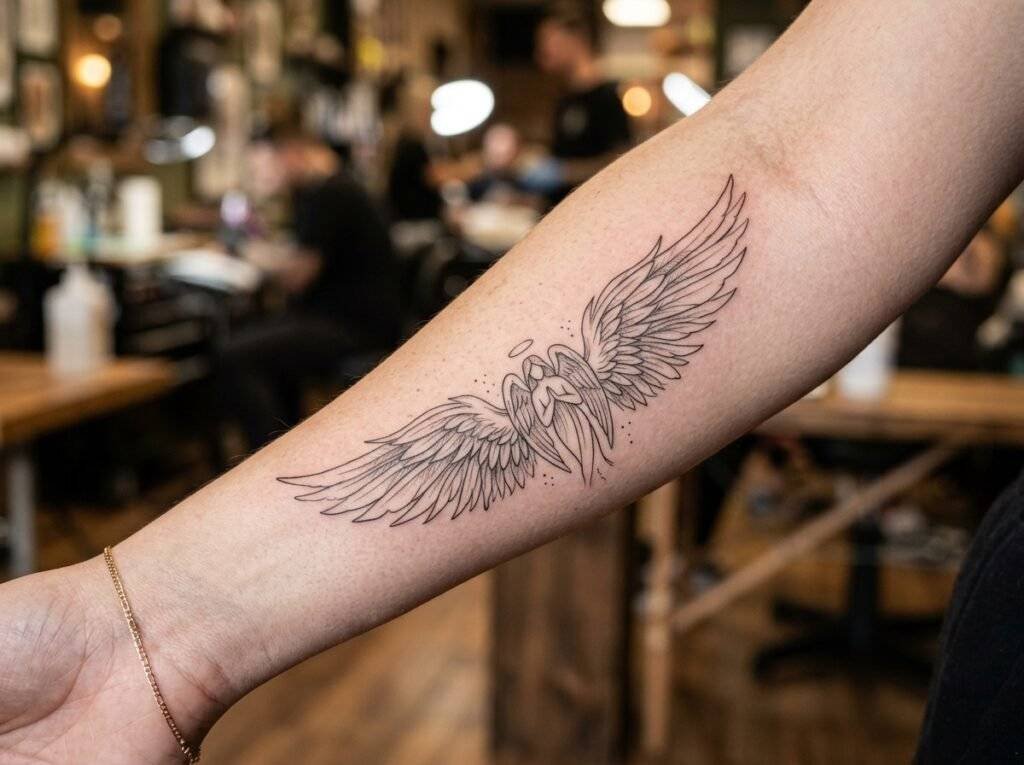 fine-line guardian angel wing tattoo on a woman's inner forearm