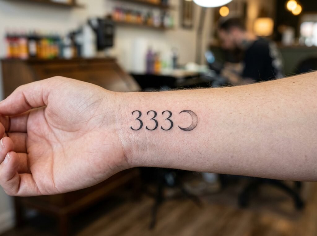 Close-up macro photo of a "333" and crescent moon tattoo on a wrist.