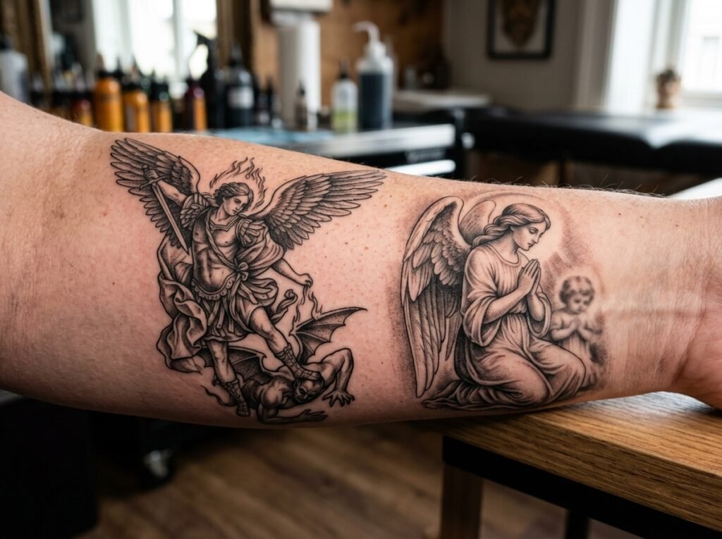Close-up of Archangel Michael and Guardian Angel forearm tattoo comparison