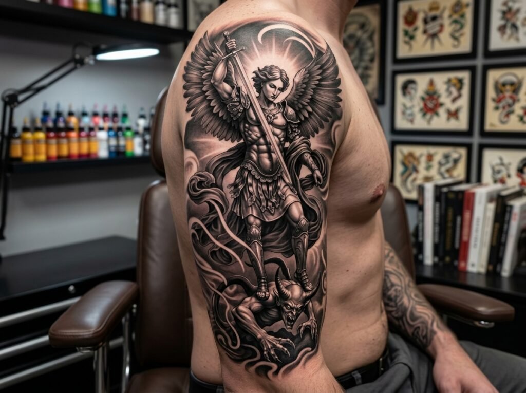 realistic archangel michael tattoo with sword and defeated dragon on forearm