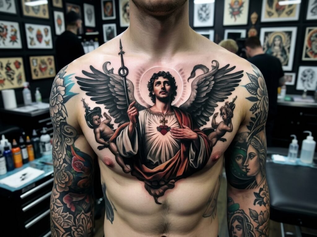 neo traditional angel holding a sword tattoo colorful chest piece