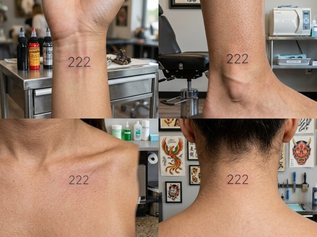 Close-up views of real '222' fine line tattoo on wrist, ankle, collarbone, and neck.