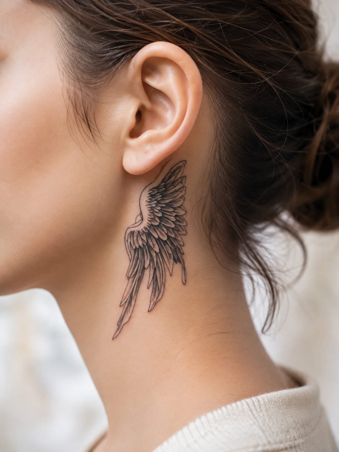 Close-up of a fine line single angel wing tattoo behind the ear