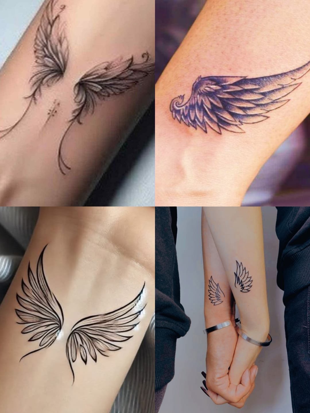 4 different angel wing tattoo designs in a grid collage-Single line wings,Small wings tattoo wrist, dotted style, Matching wings tattoo wrist duo and Realistic feather-texture wing