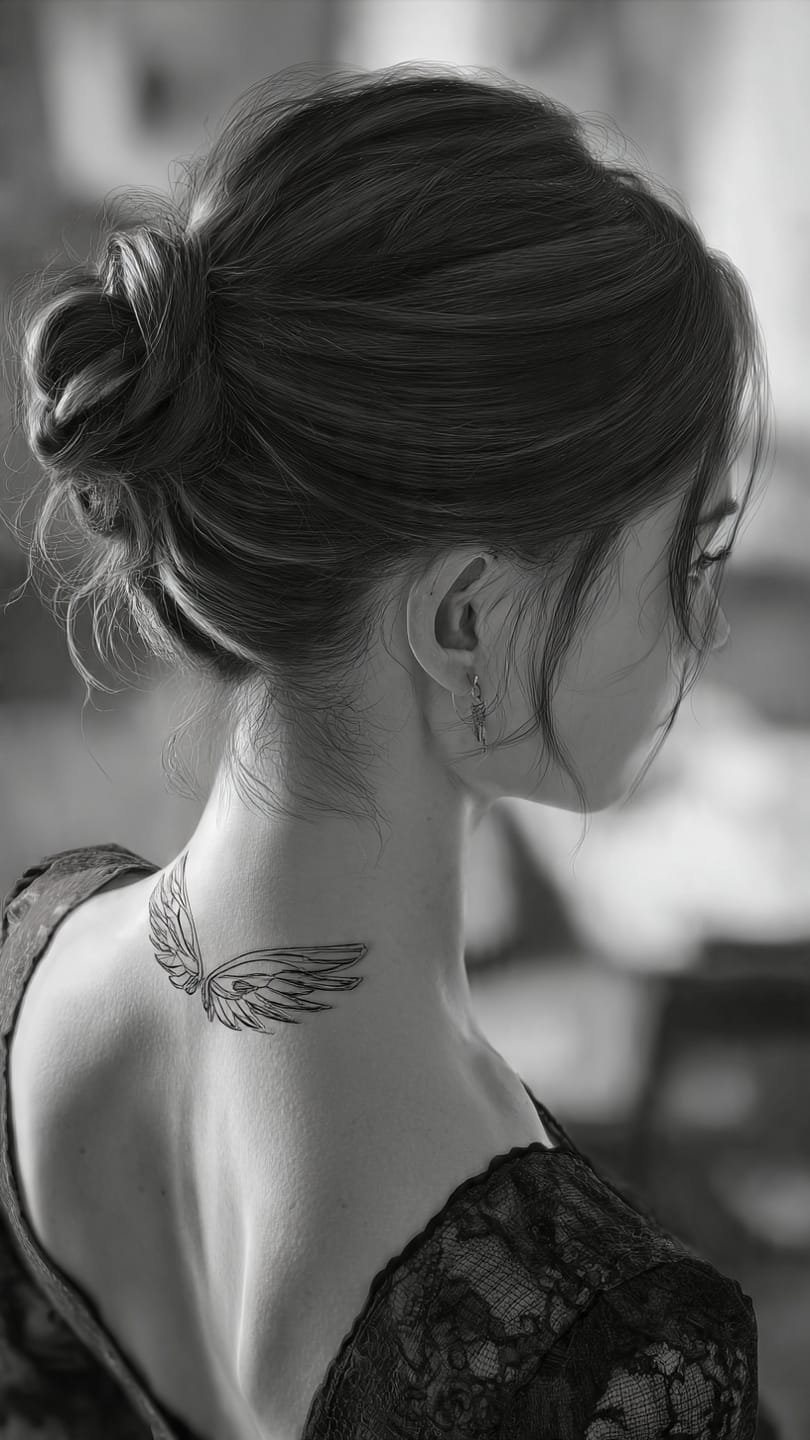 Minimalist line-work wings tattoo on the nape of the neck of a woman with hair in a bun