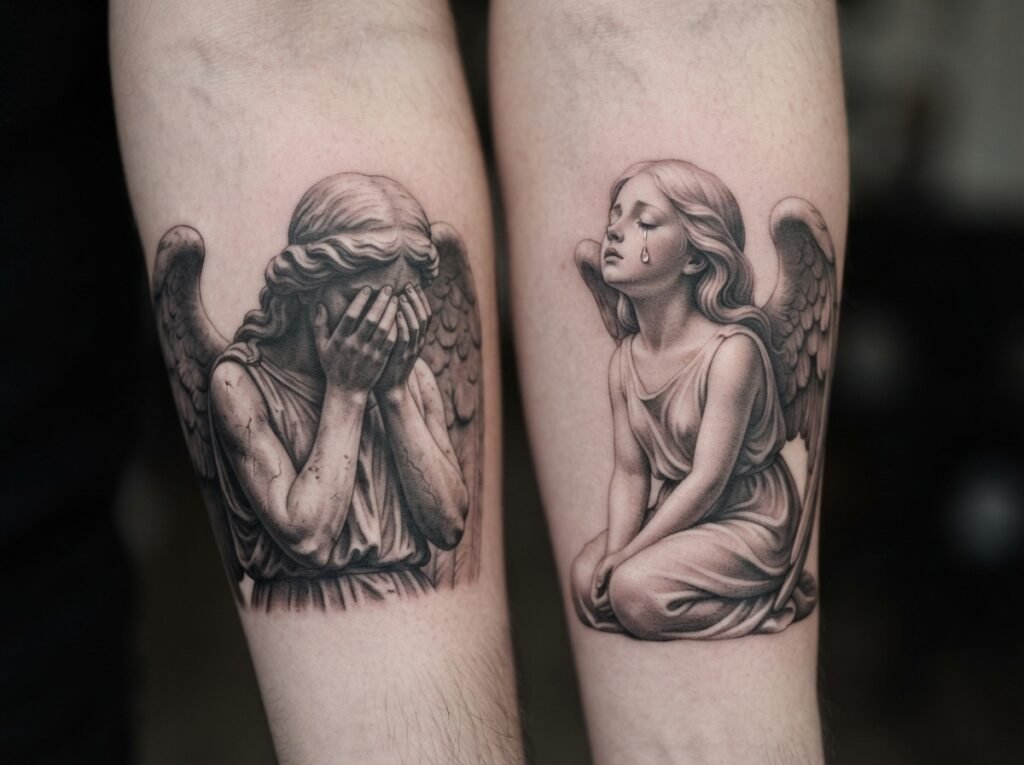Close-up of two black and gray realism angel tattoos on a forearm; one angel is weeping with hands over its face, the other is kneeling and crying with a visible tear.