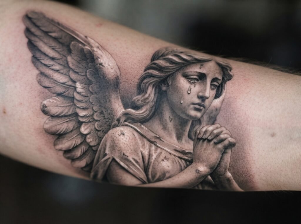 black and gray realism tattoo of a weeping angel statue with a single tear, forearm placement