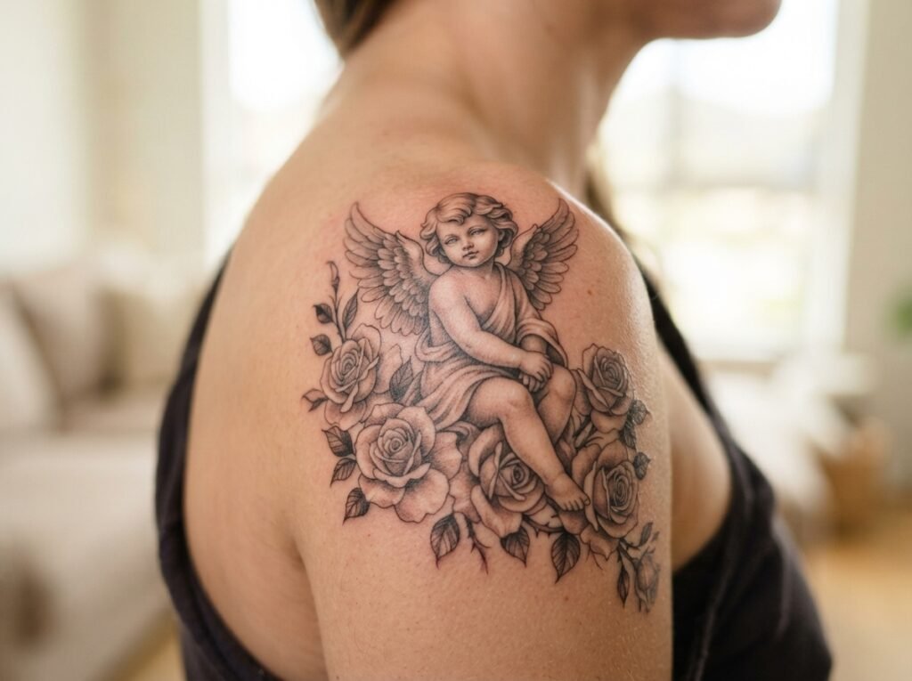 Detailed macro photo of cherub and rose tattoo on woman's shoulder.