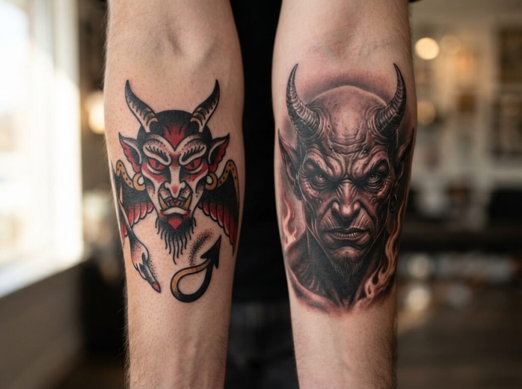 side-by-side comparison of American Traditional versus realism style devil tattoo