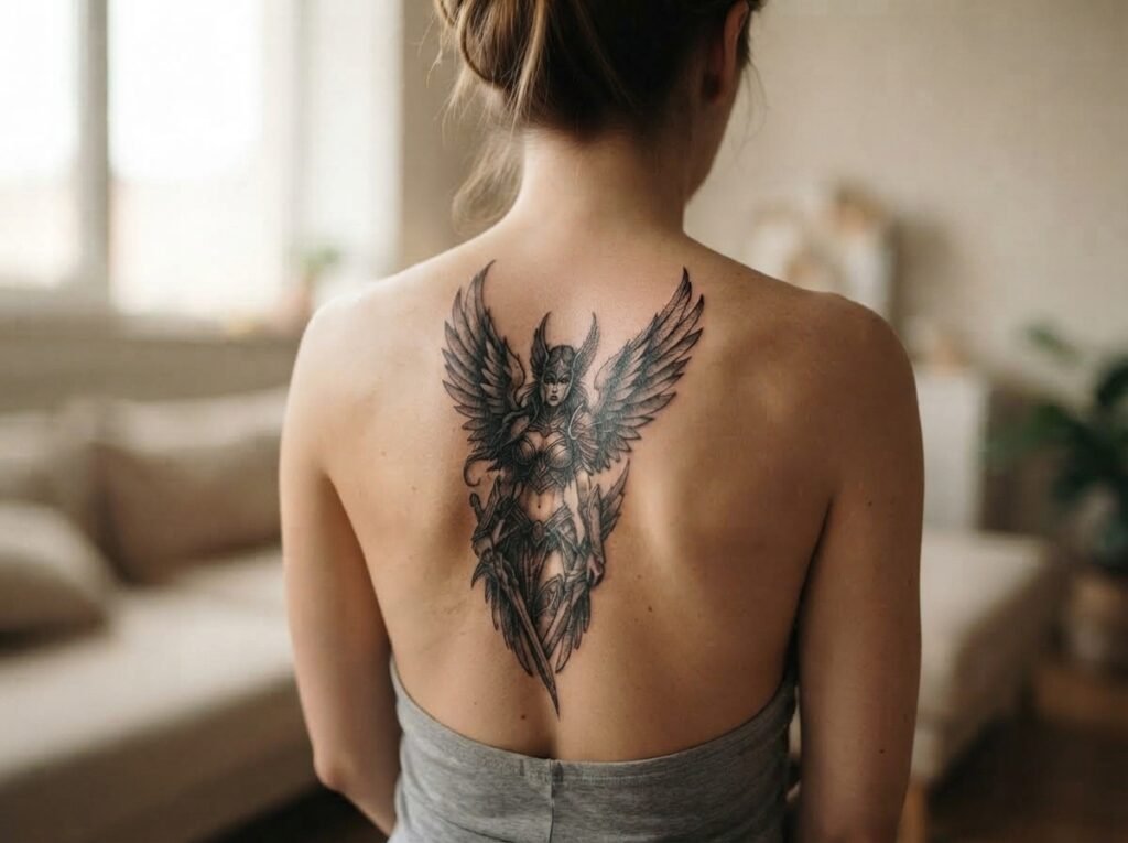 Blackwork Valkyrie wing warrior female tattoo on a woman's upper back, natural light
