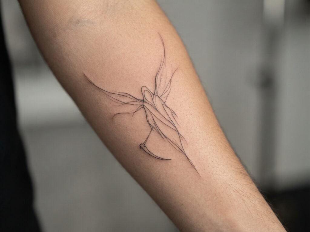 fine line minimalist angel of death tattoo