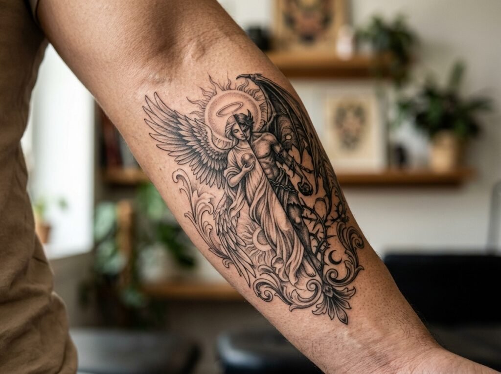 Good and evil, light and dark fallen angel tattoo
