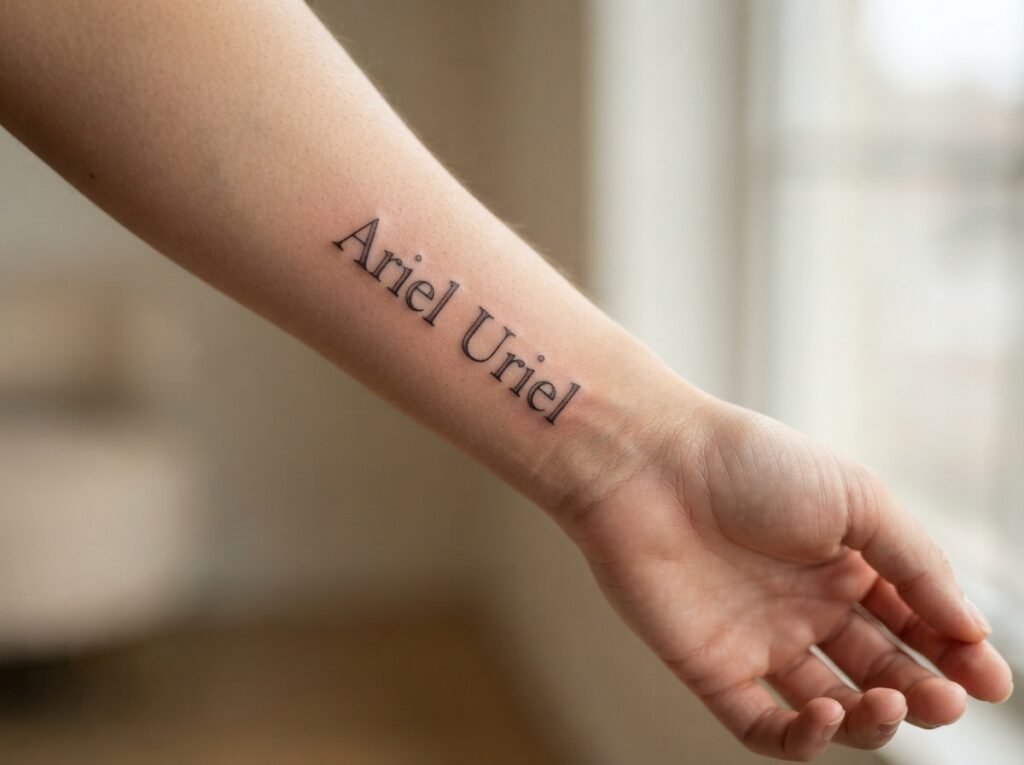 Fine-line serif archangel female names tattoo on inner forearm, natural light