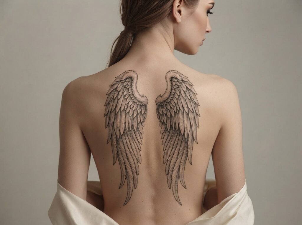 angel wings tattoo along the spine on woman's back