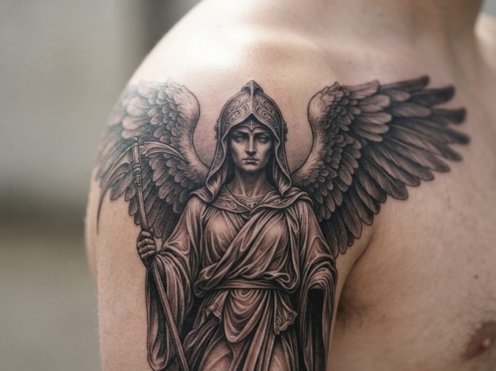 renaissance style religious angel of death tattoo on shoulder
