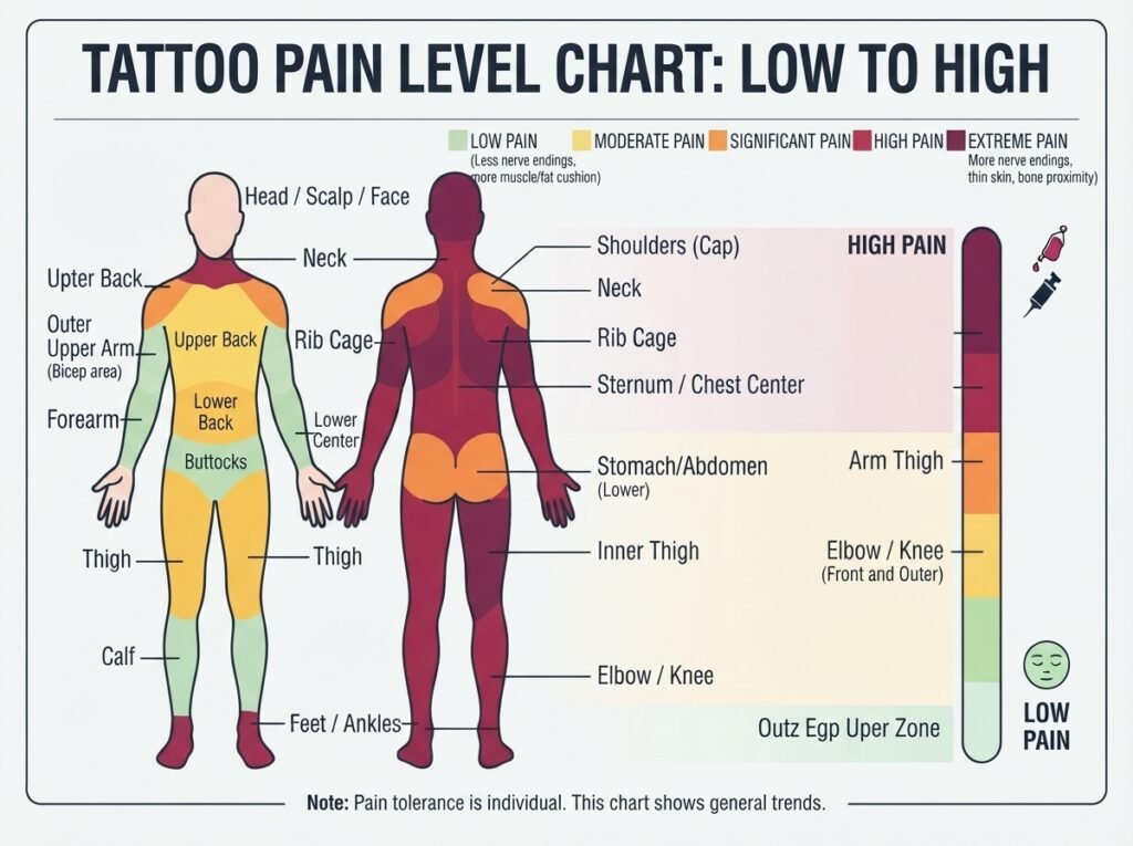 infographic showing tattoo pain levels by body placement, from low to high